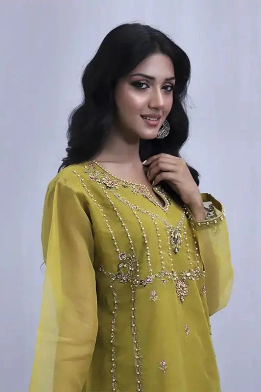 Golden Organza Embroidered Suit - 3PC