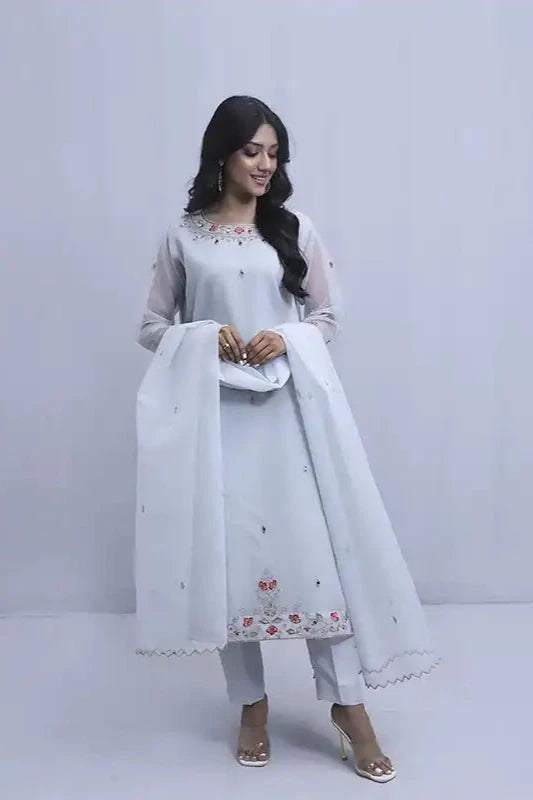 Silver Whitish Organza Embroidered Suit - 3PC