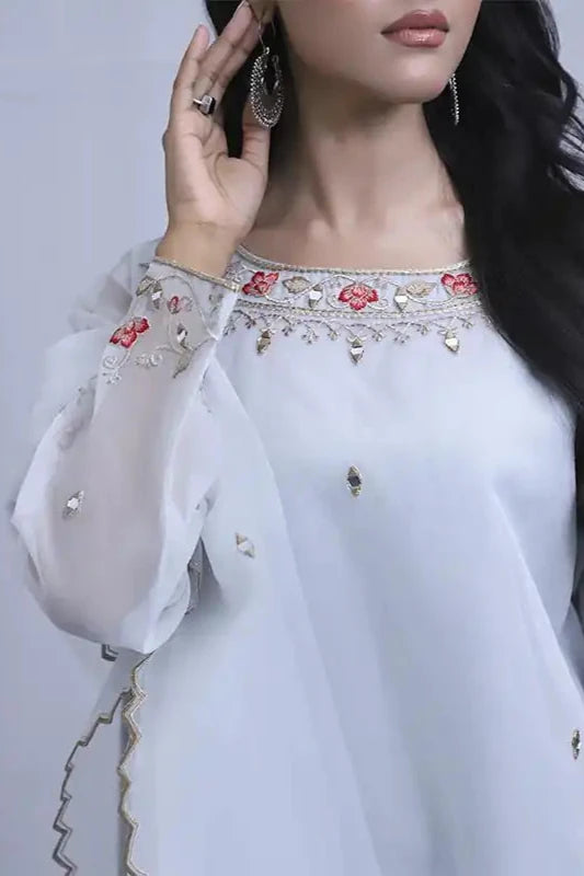 Silver Whitish Organza Embroidered Suit - 3PC