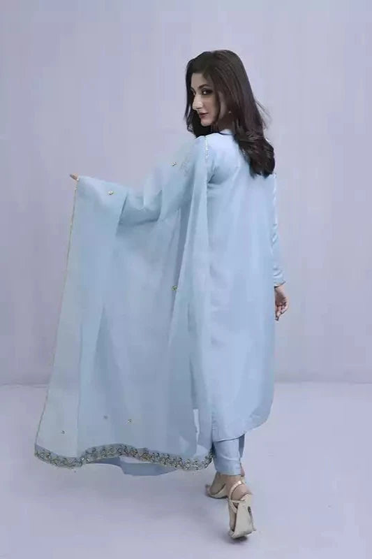 Blue Raw Silk Embroidered Suit - 3PC