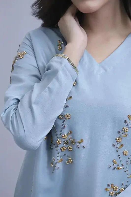 Blue Raw Silk Embroidered Suit - 3PC