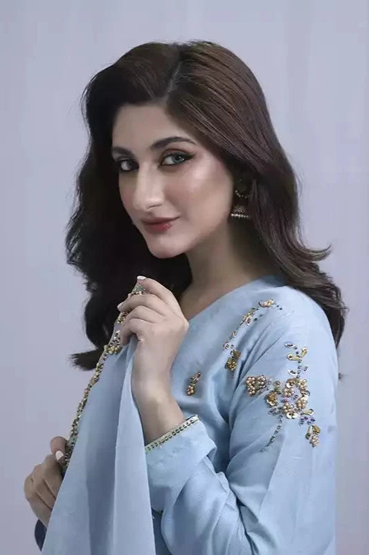 Blue Raw Silk Embroidered Suit - 3PC