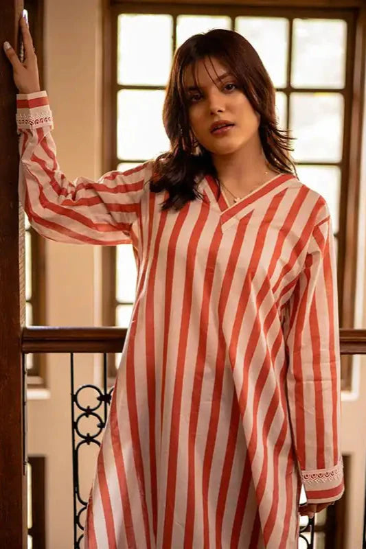 Red & Gray Lawn Cotton Printed Suit - 1PC