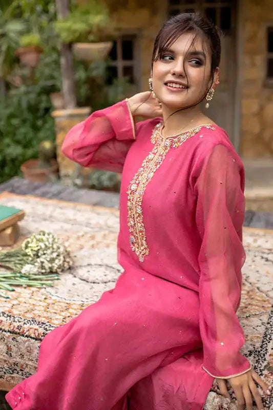 Fuscia Pink Cotton Net Embroidered Suit - 2PC