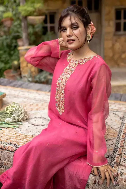 Fuscia Pink Cotton Net Embroidered Suit - 2PC