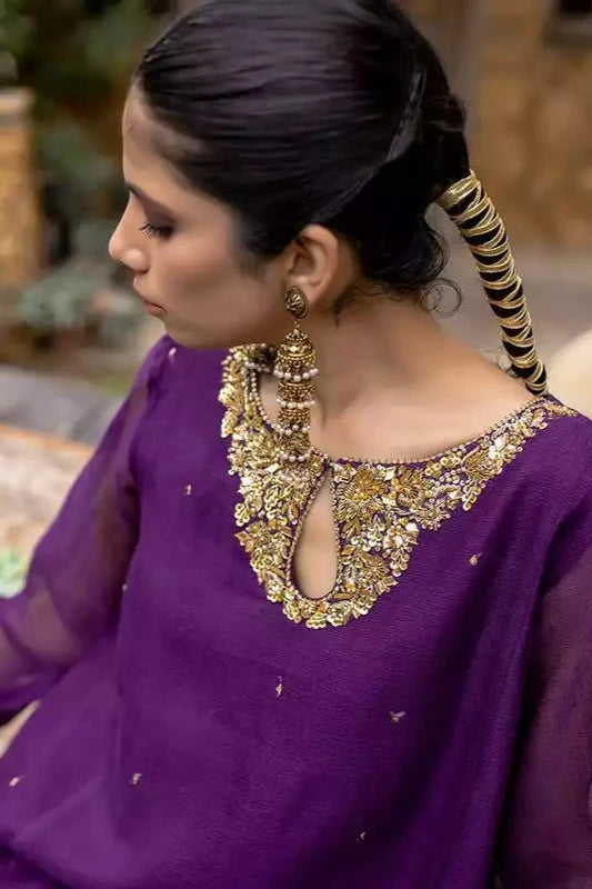 Egg Plant Cotton Net Embroidered Suit - 2PC