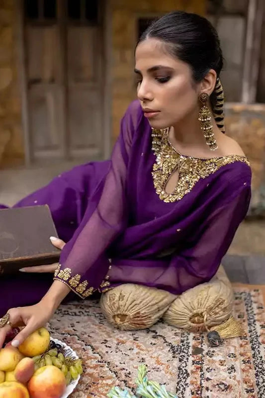 Egg Plant Cotton Net Embroidered Suit - 2PC