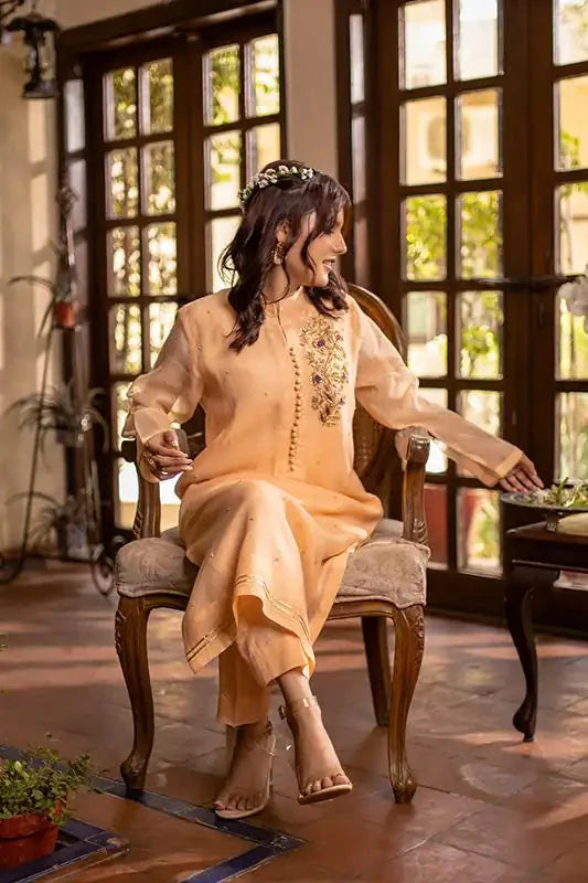 Peach Cotton Net Embroidered Suit - 2PC