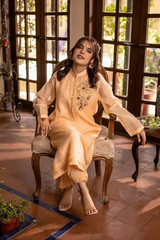 Peach Cotton Net Embroidered Suit - 2PC