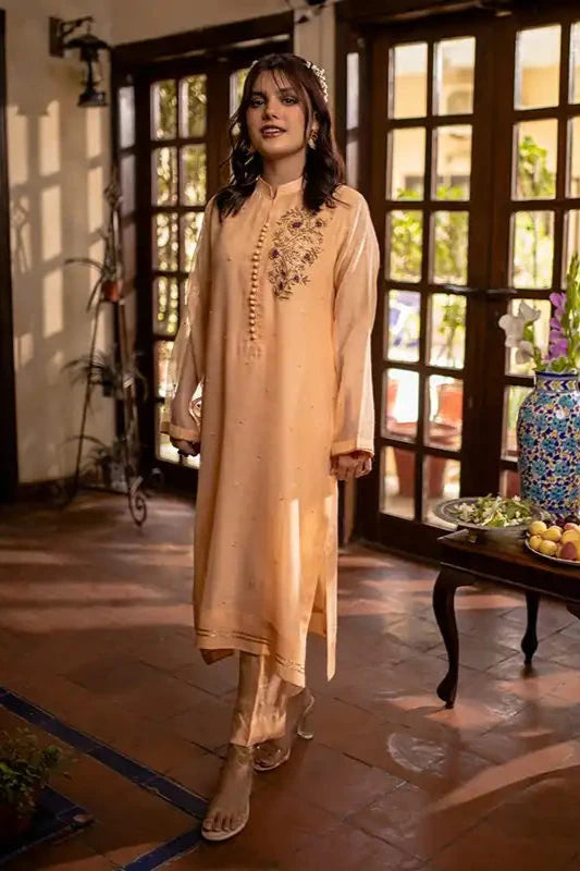 Peach Cotton Net Embroidered Suit - 2PC