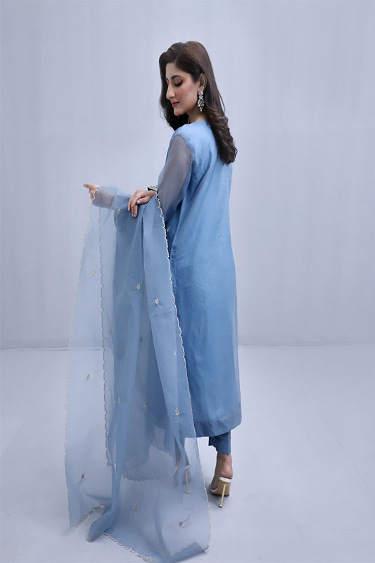 Blue Organza Embroidered Suit - 3PC