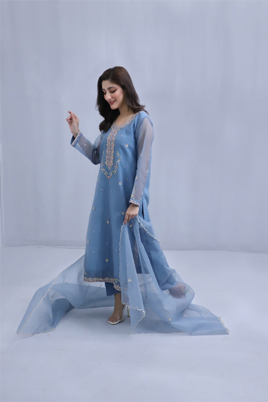 Blue Organza Embroidered Suit - 3PC