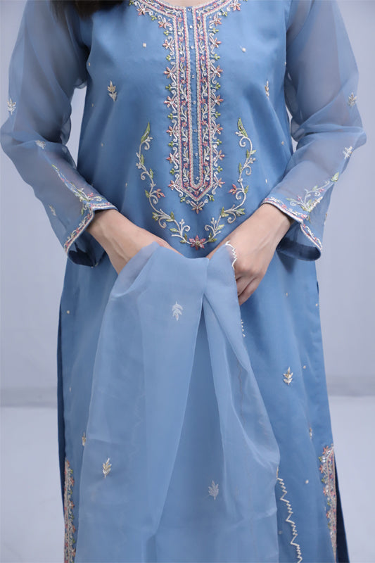 Blue Organza Embroidered Suit - 3PC